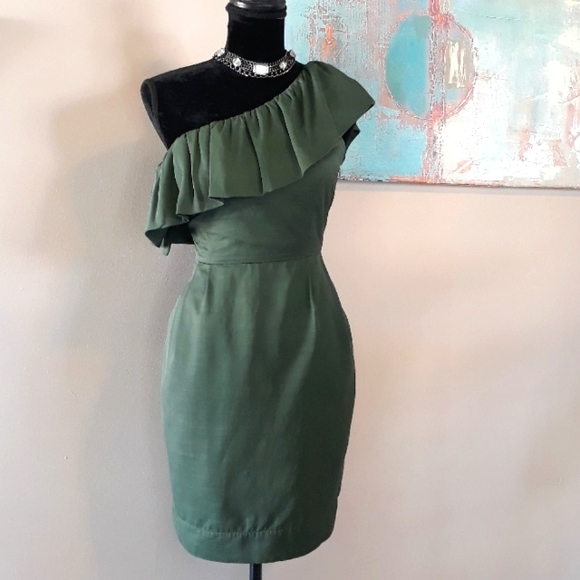 Fab'rik Olive Green Ruffled Off The Shoulder Dress - Picture 3 of 14